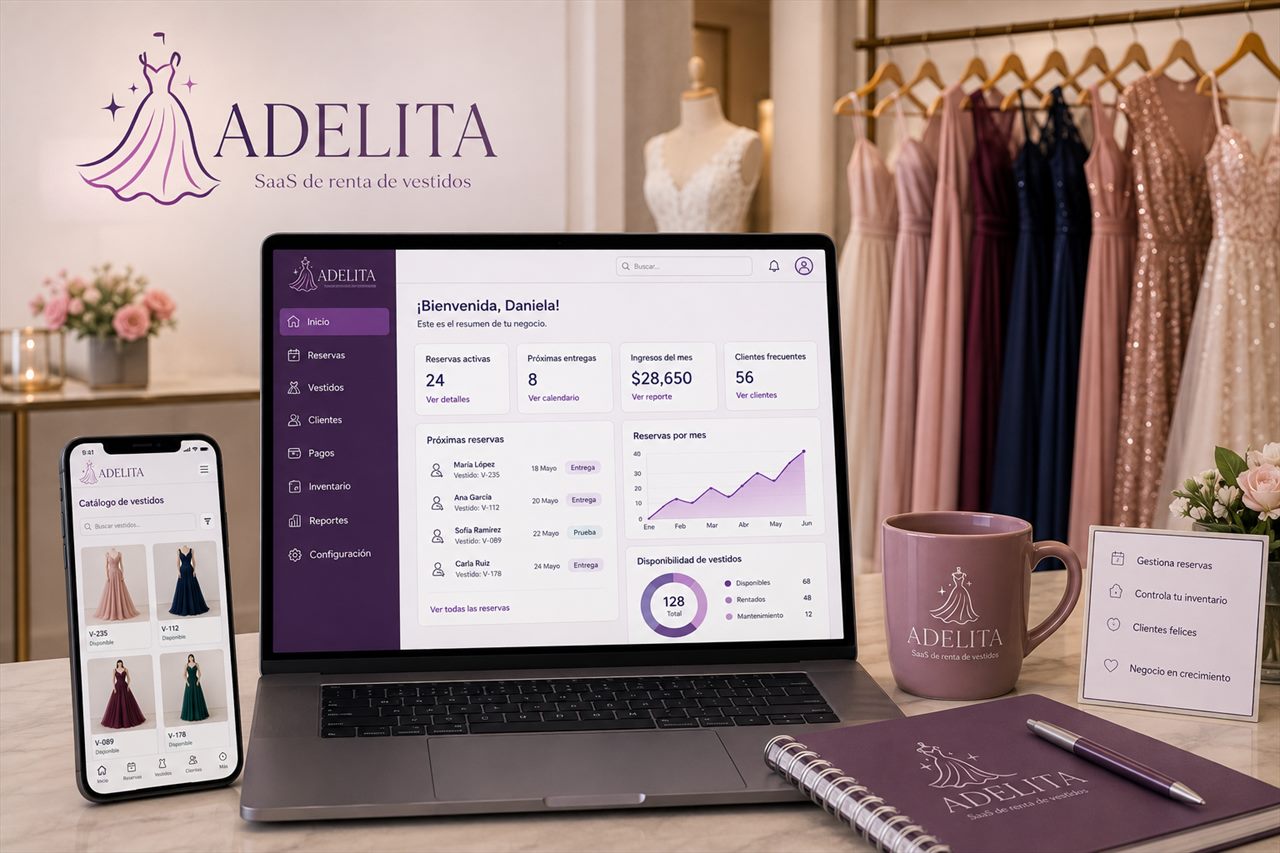 Panel de control de Adelita en una laptop y su catálogo de vestidos en un teléfono, dentro de una boutique