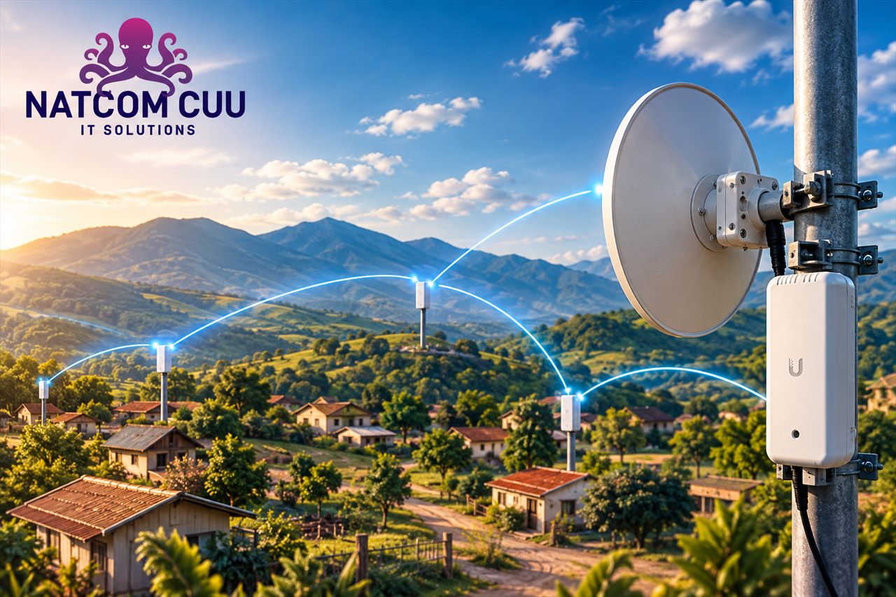 Antena de enlace punto a punto instalada sobre un poste, con enlaces de radio hacia una comunidad rural