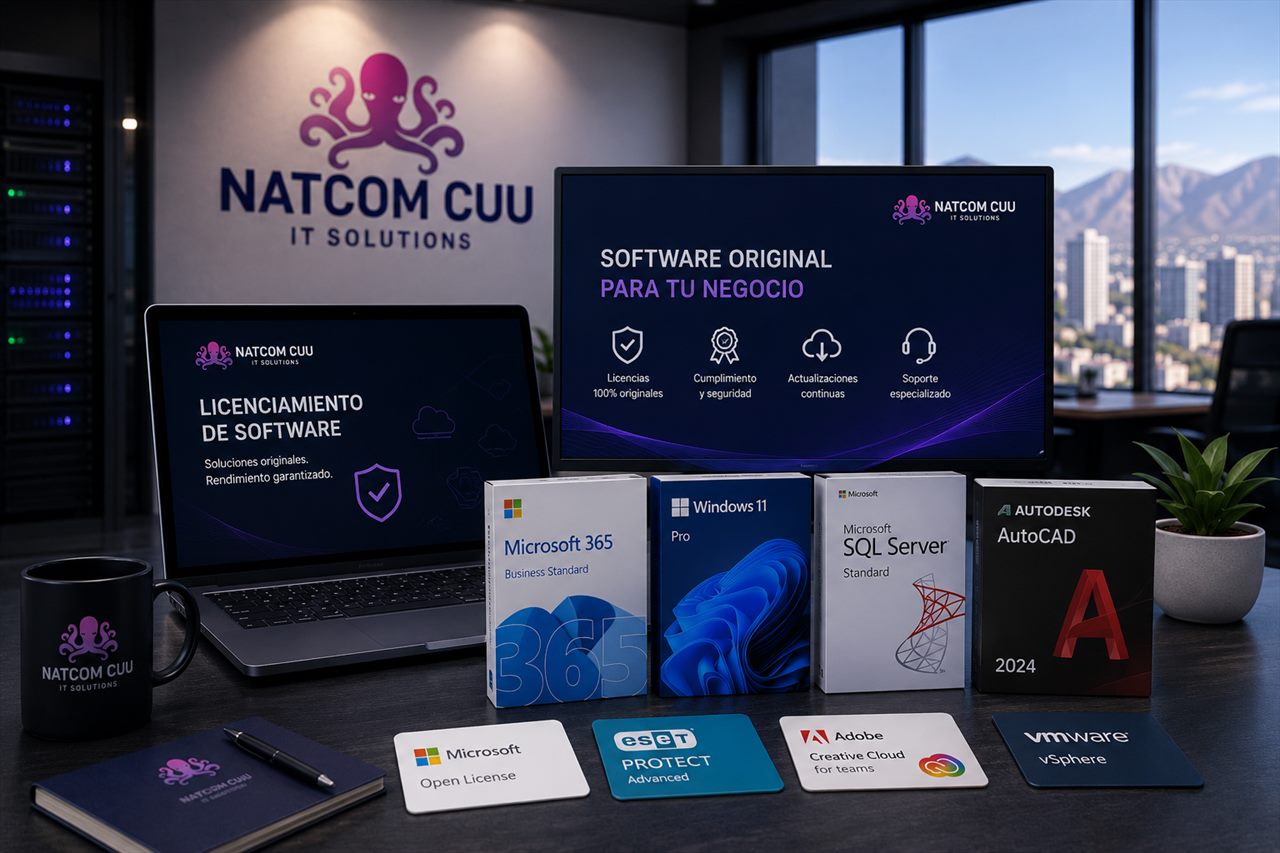Cajas de licencias originales de Microsoft 365, Windows 11, SQL Server y AutoCAD sobre un escritorio