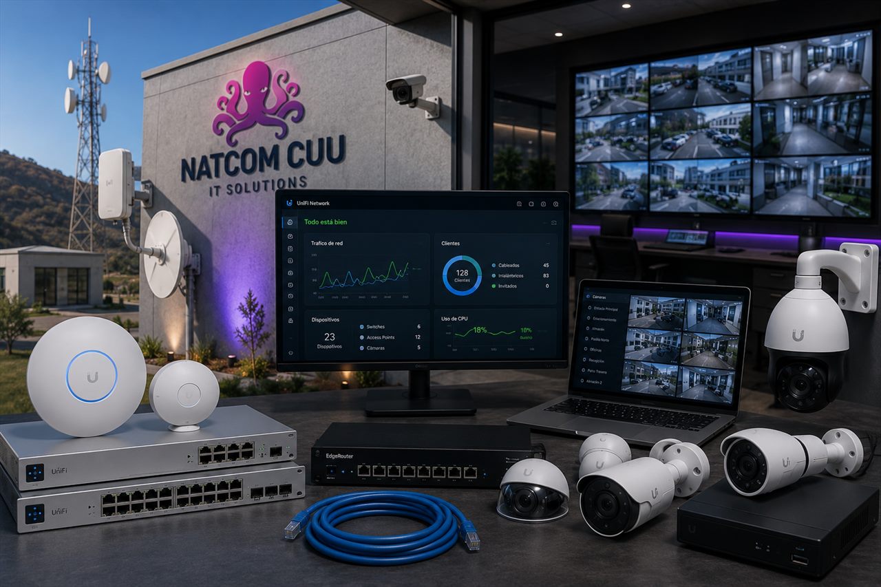 Switches, access points, cámaras de videovigilancia y un tablero de monitoreo de red en operación
