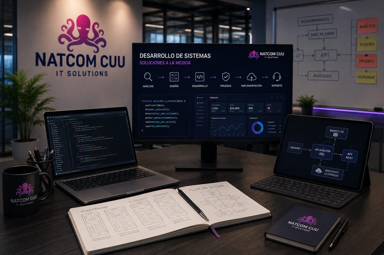 Estación de desarrollo con código, wireframes y diagramas de arquitectura de un sistema a la medida
